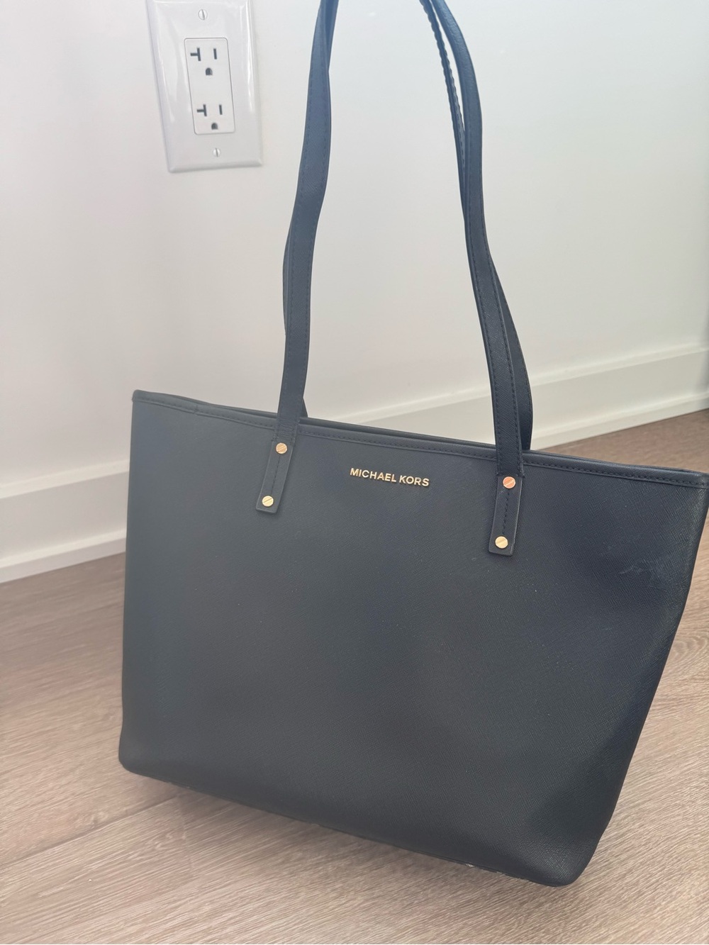 Michael Kors Black Leather Tote with Gold Logo